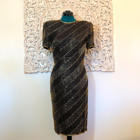 AJ Bari Vintage Hand Beaded Silk CockTail Dress - Picture 9 of 16